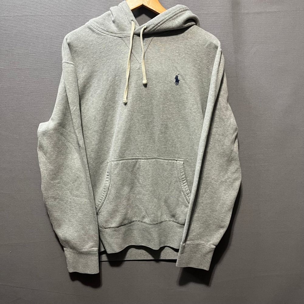 Polo Ralph Lauren Mens Gray Fleece Pullover Hoodie Sweatshirt Size M Navy Pony